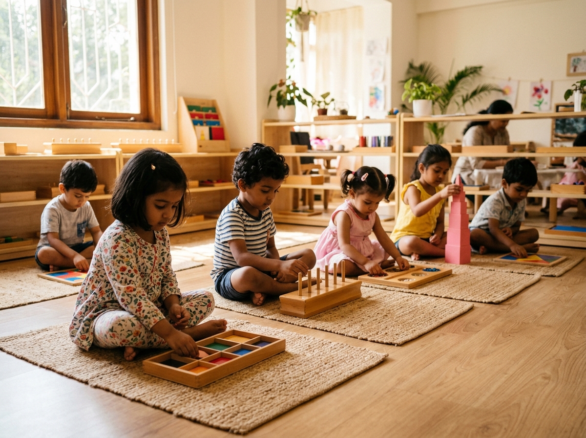 Multi-age Indian children working peacefully on individual work mats in Clay Montessori atelier