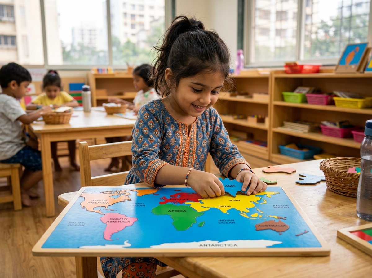 6-year-old Indian girl placing continent pieces on wooden world map puzzle tray