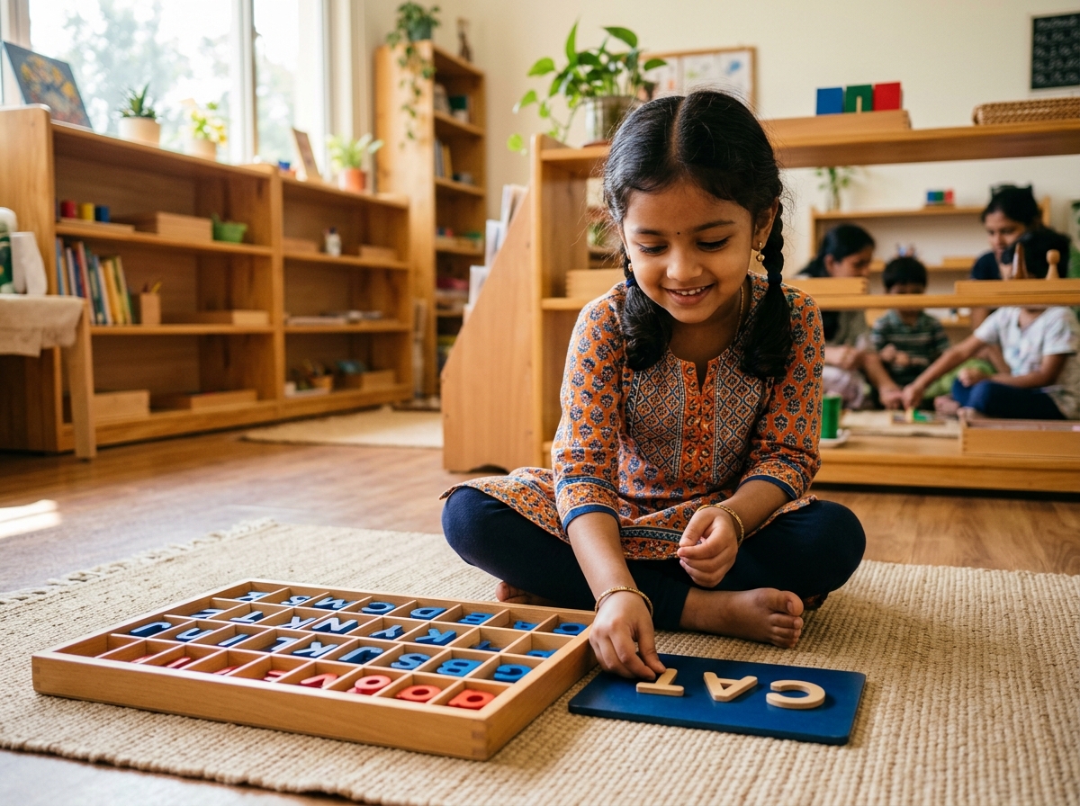 5-year-old Indian girl forming words with wooden moveable alphabet in evening Montessori batch