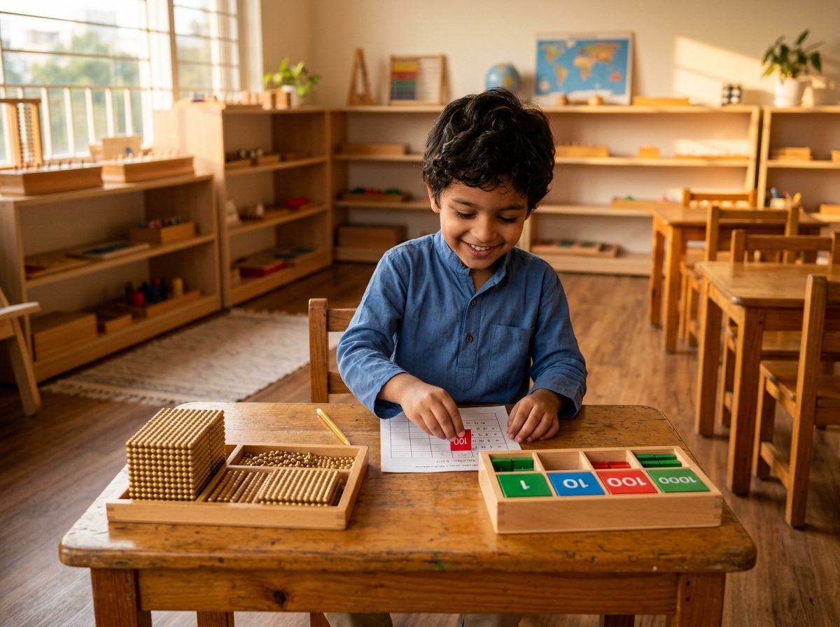 6-year-old Indian child solving 4-digit math operations using Montessori golden beads and stamp game