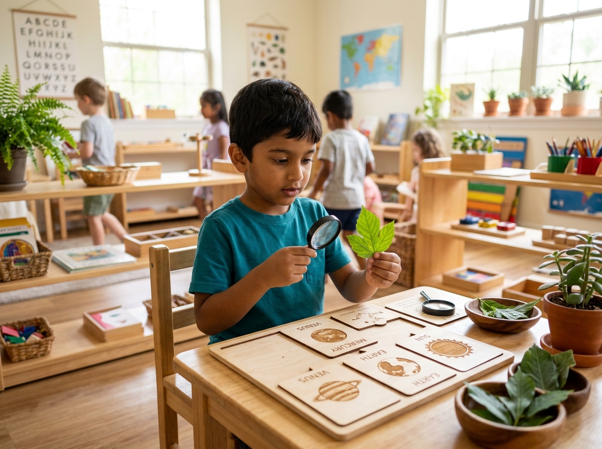 6-year-old Indian boy examining plant leaf and solar system puzzle cards with magnifying glass