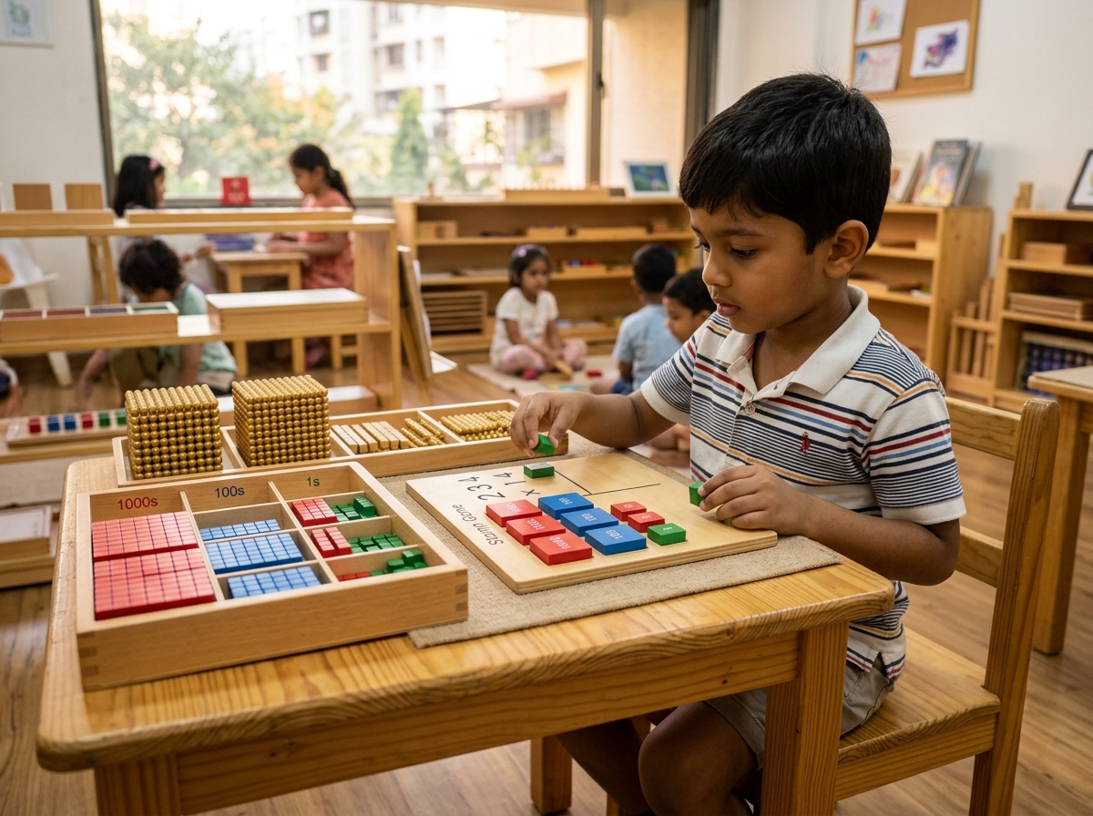 Indian child solving 4-digit math multiplication using Montessori stamp game and golden beads