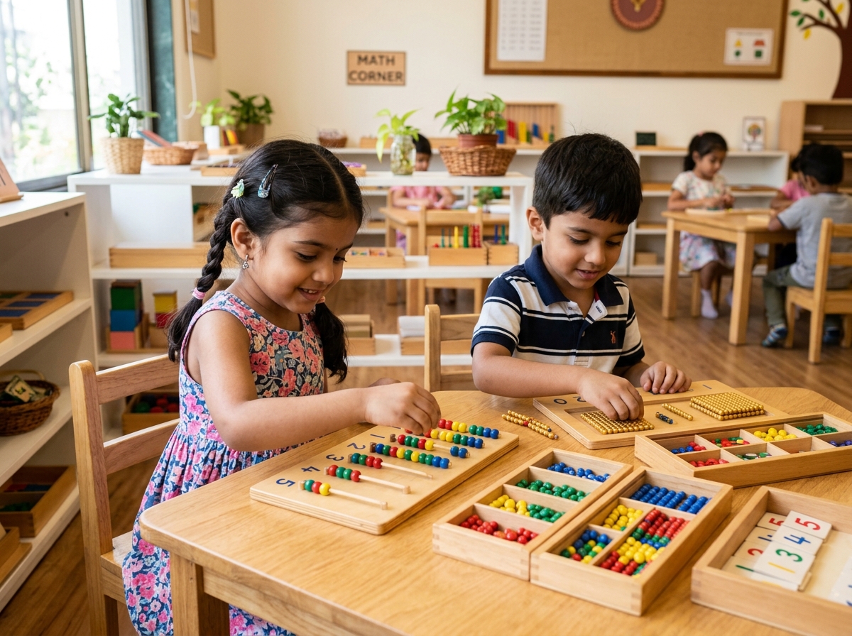 Primary children working attentively with Montessori counting beads