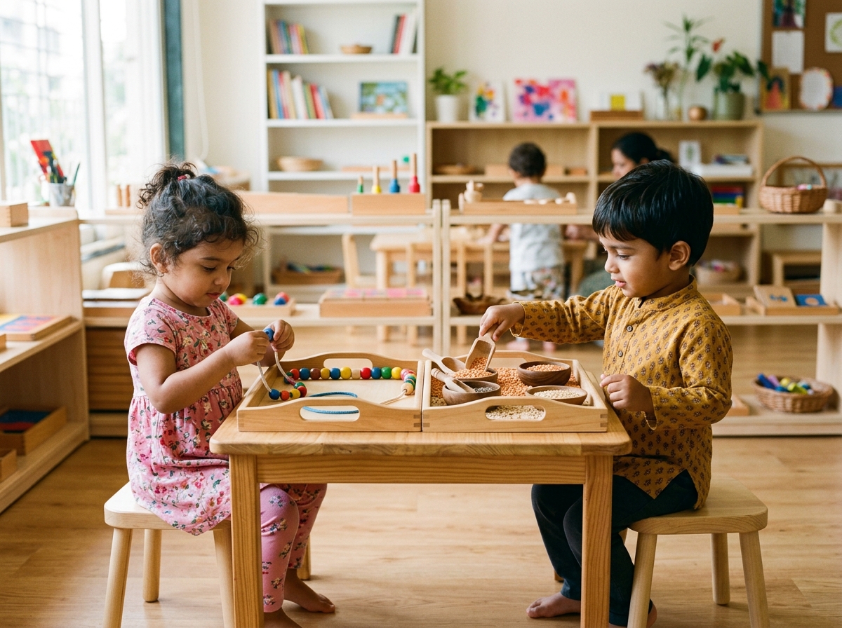 Toddlers engaging independently with Montessori activity trays