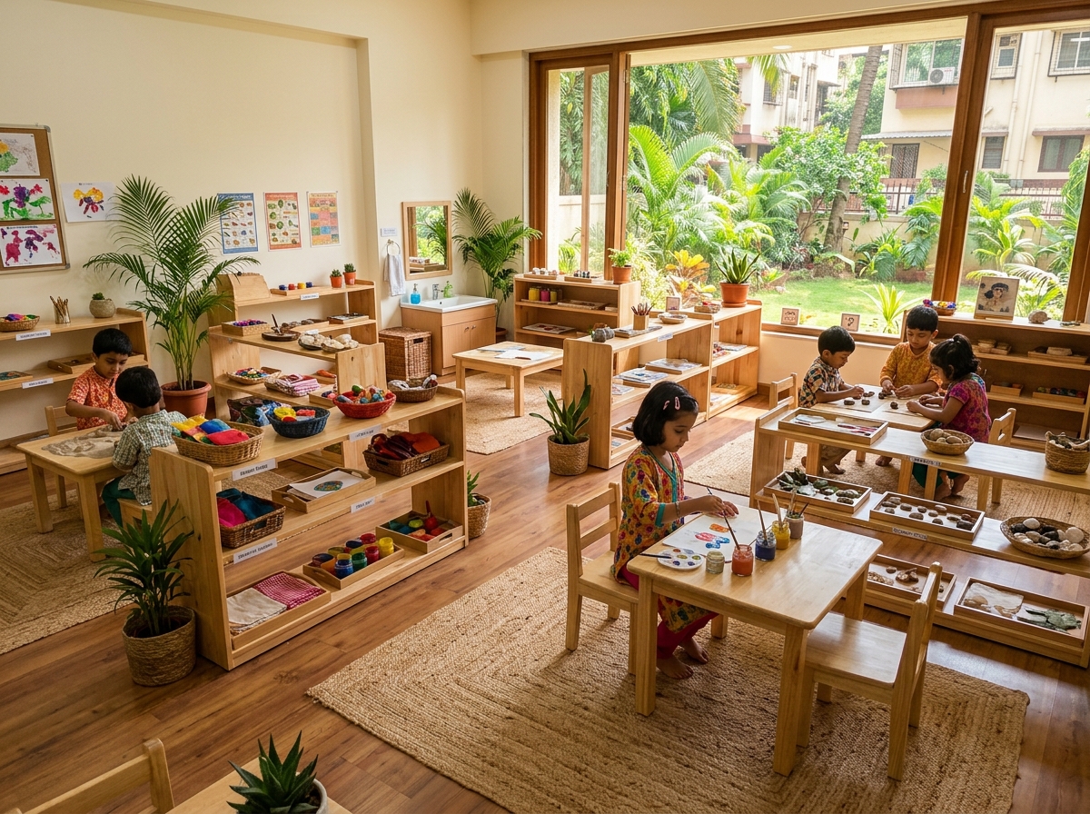 Beautiful prepared Montessori classroom atelier at Clay Montessori in Matunga Mumbai