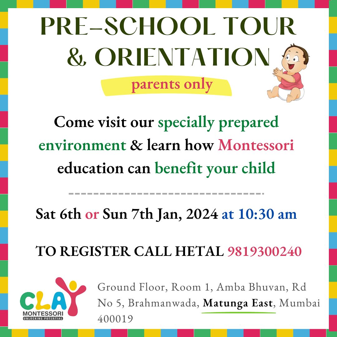 Come join us on Saturday 6th Jan OR Sunday 7th Jan, 2024 for a toddler orientation. It's free

Time: 10:30am

🎯 𝐖𝐡𝐚𝐭 𝐬𝐡𝐨𝐮𝐥𝐝 𝐩𝐚𝐫𝐞𝐧𝐭𝐬 𝐞𝐱𝐩𝐞𝐜𝐭 𝐟𝐫𝐨𝐦 𝐭𝐡𝐢𝐬 𝐨𝐫𝐢𝐞𝐧𝐭𝐚𝐭𝐢𝐨𝐧?

✅ A brief introduction to Montessori
✅ How Montessori toddlers program works
✅ Benefits of this approach
✅ Answers to your doubts & questions

𝐑𝐨𝐮𝐭𝐢𝐧𝐞𝐬 𝐨𝐟 𝐞𝐯𝐞𝐫𝐲𝐝𝐚𝐲 𝐥𝐢𝐯𝐢𝐧𝐠 𝐚𝐫𝐞 𝐭𝐡𝐞 𝐟𝐨𝐮𝐧𝐝𝐚𝐭𝐢𝐨𝐧 𝐨𝐟 𝐭𝐡𝐞 𝐓𝐨𝐝𝐝𝐥𝐞𝐫 𝐩𝐫𝐨𝐠𝐫𝐚𝐦. Based on daily observations, teachers introduce new materials and activities that pique curiosity and stimulate learning

These learning activities include:

🎯 𝐒𝐞𝐥𝐟-𝐜𝐚𝐫𝐞: washing, dressing, toileting, and eating, according to each child’s individual capacity

🎯 𝐂𝐚𝐫𝐞 𝐨𝐟 𝐭𝐡𝐞 𝐞𝐧𝐯𝐢𝐫𝐨𝐧𝐦𝐞𝐧𝐭: cleaning, food preparation and food service; plant care and more

🎯 𝐋𝐚𝐫𝐠𝐞-𝐦𝐨𝐭𝐨𝐫 𝐚𝐜𝐭𝐢𝐯𝐢𝐭𝐢𝐞𝐬 (indoors and out): walking, climbing, running, jumping, balancing, climbing steps, and more

🎯 𝐅𝐢𝐧𝐞-𝐦𝐨𝐭𝐨𝐫 𝐬𝐤𝐢𝐥𝐥𝐬: reaching, grasping, picking up objects, transferring objects, using tools and utensils, doing art work and more

🎯 𝐋𝐚𝐧𝐠𝐮𝐚𝐠𝐞: naming objects, describing actions and intentions, discussing pictures, conversation, reading books, music, and singing

🎯 𝐒𝐨𝐜𝐢𝐚𝐥 𝐬𝐤𝐢𝐥𝐥𝐬: developing manners through interactions with peers, teachers, and adult-led small group games

🙋 RSVP Hetal @ 𝟗𝟖𝟏𝟗𝟑𝟎𝟎𝟐𝟒𝟎

#montessori #KidsLearning #LearningMadeFun #Preschools #SmartKids #IndependentKids #SmartSchool #FunLearningForKids #mumbai #Matunga #Wadala #Sion #Parel #Dadar #playgroup #nursery #kidsofmumbai #learningthroughplay #mumbaimoms #supermom #homeschool #kingscircle #juniorkg #seniorkg #indianmombloggers #mombloggersindia