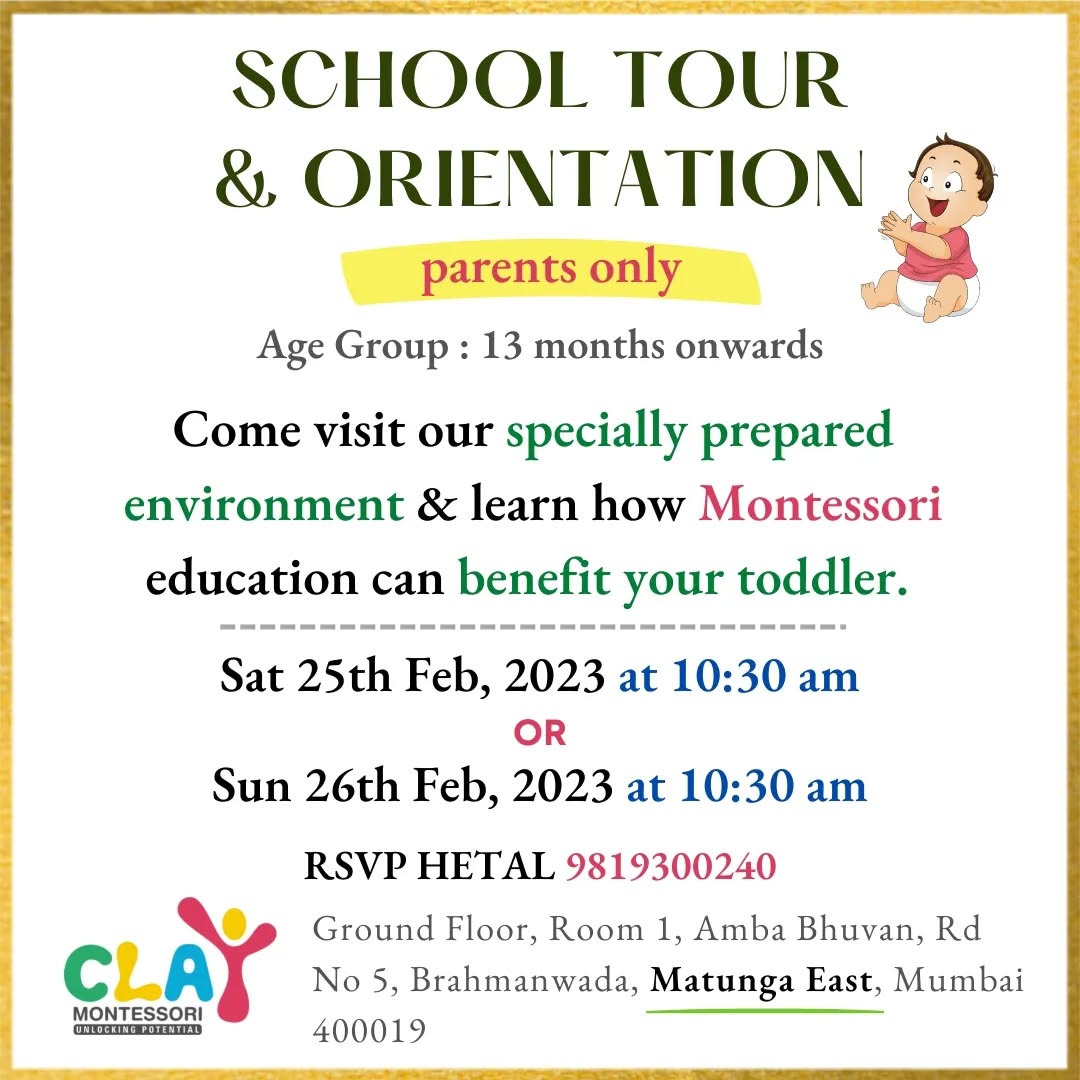Come join us on Saturday 25th Feb 2023 OR Sunday 26th Feb 2023 for a toddler orientation. It's free

Time: 10:30 am

Children from age around 𝟏𝟑 𝐦𝐨𝐧𝐭𝐡𝐬 onwards are eligible 

🎯 𝐖𝐡𝐚𝐭 𝐬𝐡𝐨𝐮𝐥𝐝 𝐩𝐚𝐫𝐞𝐧𝐭𝐬 𝐞𝐱𝐩𝐞𝐜𝐭 𝐟𝐫𝐨𝐦 𝐭𝐡𝐢𝐬 𝐨𝐫𝐢𝐞𝐧𝐭𝐚𝐭𝐢𝐨𝐧?

✅ A brief introduction to Montessori
✅ How Montessori toddlers program works
✅ Benefits of this approach
✅ Answers to your doubts & questions

𝐑𝐨𝐮𝐭𝐢𝐧𝐞𝐬 𝐨𝐟 𝐞𝐯𝐞𝐫𝐲𝐝𝐚𝐲 𝐥𝐢𝐯𝐢𝐧𝐠 𝐚𝐫𝐞 𝐭𝐡𝐞 𝐟𝐨𝐮𝐧𝐝𝐚𝐭𝐢𝐨𝐧 𝐨𝐟 𝐭𝐡𝐞 𝐓𝐨𝐝𝐝𝐥𝐞𝐫 𝐩𝐫𝐨𝐠𝐫𝐚𝐦. Based on daily observations, teachers introduce new materials and activities that pique curiosity and stimulate learning

These learning activities include:

🎯 𝐒𝐞𝐥𝐟-𝐜𝐚𝐫𝐞: washing, dressing, toileting, and eating, according to each child’s individual capacity

🎯 𝐂𝐚𝐫𝐞 𝐨𝐟 𝐭𝐡𝐞 𝐞𝐧𝐯𝐢𝐫𝐨𝐧𝐦𝐞𝐧𝐭: cleaning, food preparation and food service; plant care and more

🎯 𝐋𝐚𝐫𝐠𝐞-𝐦𝐨𝐭𝐨𝐫 𝐚𝐜𝐭𝐢𝐯𝐢𝐭𝐢𝐞𝐬 (indoors and out): walking, climbing, running, jumping, balancing, climbing steps, and more

🎯 𝐅𝐢𝐧𝐞-𝐦𝐨𝐭𝐨𝐫 𝐬𝐤𝐢𝐥𝐥𝐬: reaching, grasping, picking up objects, transferring objects, using tools and utensils, doing art work and more

🎯 𝐋𝐚𝐧𝐠𝐮𝐚𝐠𝐞: naming objects, describing actions and intentions, discussing pictures, conversation, reading books, music, and singing

🎯 𝐒𝐨𝐜𝐢𝐚𝐥 𝐬𝐤𝐢𝐥𝐥𝐬: developing manners through interactions with peers, teachers, and adult-led small group games

🙋 RSVP Hetal @ 𝟗𝟖𝟏𝟗𝟑𝟎𝟎𝟐𝟒𝟎

#montessori #KidsLearning #LearningMadeFun #Preschools #mominfluencer #IndependentKids #parenting #FunLearnin#mumbai #Matunga #Wadala #Sion #Parel #Dadar #playgroup #nursery #kidsofmumbai #learningthroughplay #mumbaimoms #supermom #homeschool #kingscircle #juniorkg #seniorkg #indianmombloggers #mombloggersindia