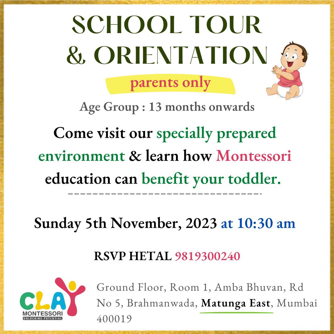 Come join us on Sunday 5th November 2023 for a school tour & orientation.

Time: 10:30 am

Children from age around 𝟏𝟑 𝐦𝐨𝐧𝐭𝐡𝐬 and above

🎯 𝐖𝐡𝐚𝐭 𝐬𝐡𝐨𝐮𝐥𝐝 𝐩𝐚𝐫𝐞𝐧𝐭𝐬 𝐞𝐱𝐩𝐞𝐜𝐭 𝐟𝐫𝐨𝐦 𝐭𝐡𝐢𝐬 𝐨𝐫𝐢𝐞𝐧𝐭𝐚𝐭𝐢𝐨𝐧?

✅ A brief introduction to Montessori
✅ How Montessori toddlers program works
✅ Benefits of this approach
✅ Answers to your doubts & questions

𝐑𝐨𝐮𝐭𝐢𝐧𝐞𝐬 𝐨𝐟 𝐞𝐯𝐞𝐫𝐲𝐝𝐚𝐲 𝐥𝐢𝐯𝐢𝐧𝐠 𝐚𝐫𝐞 𝐭𝐡𝐞 𝐟𝐨𝐮𝐧𝐝𝐚𝐭𝐢𝐨𝐧 𝐨𝐟 𝐭𝐡𝐞 𝐓𝐨𝐝𝐝𝐥𝐞𝐫 𝐩𝐫𝐨𝐠𝐫𝐚𝐦. Based on daily observations, teachers introduce new materials and activities that pique curiosity and stimulate learning

These learning activities include:

🎯 𝐒𝐞𝐥𝐟-𝐜𝐚𝐫𝐞: washing, dressing, toileting, and eating, according to each child’s individual capacity

🎯 𝐂𝐚𝐫𝐞 𝐨𝐟 𝐭𝐡𝐞 𝐞𝐧𝐯𝐢𝐫𝐨𝐧𝐦𝐞𝐧𝐭: cleaning, food preparation and food service; plant care and more

🎯 𝐋𝐚𝐫𝐠𝐞-𝐦𝐨𝐭𝐨𝐫 𝐚𝐜𝐭𝐢𝐯𝐢𝐭𝐢𝐞𝐬 (indoors and out): walking, climbing, running, jumping, balancing, climbing steps, and more

🎯 𝐅𝐢𝐧𝐞-𝐦𝐨𝐭𝐨𝐫 𝐬𝐤𝐢𝐥𝐥𝐬: reaching, grasping, picking up objects, transferring objects, using tools and utensils, doing art work and more

🎯 𝐋𝐚𝐧𝐠𝐮𝐚𝐠𝐞: naming objects, describing actions and intentions, discussing pictures, conversation, reading books, music, and singing

🎯 𝐒𝐨𝐜𝐢𝐚𝐥 𝐬𝐤𝐢𝐥𝐥𝐬: developing manners through interactions with peers, teachers, and adult-led small group games

🙋 RSVP Hetal @ 𝟗𝟖𝟏𝟗𝟑𝟎𝟎𝟐𝟒𝟎

#claymontessori #montessori #KidsLearning #LearningMadeFun #Preschools #mominfluencer #toddlers #parenting #admissionopen #mumbai #Matunga #Wadala #Sion #Parel #Dadar #playgroup #nursery #kidsofmumbai #learningthroughplay #mumbaimoms #momsofinstagram #juniorkg #seniorkg #indianmombloggers #mombloggersindia #baby