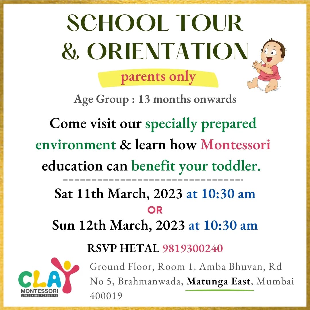 Come join us on Saturday 11th March 2023 OR Sunday 12th March 2023 for a toddler orientation. It's free

Time: 10:30 am

Children from age around 𝟏𝟑 𝐦𝐨𝐧𝐭𝐡𝐬 onwards

🎯 𝐖𝐡𝐚𝐭 𝐬𝐡𝐨𝐮𝐥𝐝 𝐩𝐚𝐫𝐞𝐧𝐭𝐬 𝐞𝐱𝐩𝐞𝐜𝐭 𝐟𝐫𝐨𝐦 𝐭𝐡𝐢𝐬 𝐨𝐫𝐢𝐞𝐧𝐭𝐚𝐭𝐢𝐨𝐧?

✅ A brief introduction to Montessori
✅ How Montessori toddlers program works
✅ Benefits of this approach
✅ Answers to your doubts & questions

𝐑𝐨𝐮𝐭𝐢𝐧𝐞𝐬 𝐨𝐟 𝐞𝐯𝐞𝐫𝐲𝐝𝐚𝐲 𝐥𝐢𝐯𝐢𝐧𝐠 𝐚𝐫𝐞 𝐭𝐡𝐞 𝐟𝐨𝐮𝐧𝐝𝐚𝐭𝐢𝐨𝐧 𝐨𝐟 𝐭𝐡𝐞 𝐓𝐨𝐝𝐝𝐥𝐞𝐫 𝐩𝐫𝐨𝐠𝐫𝐚𝐦. Based on daily observations, teachers introduce new materials and activities that pique curiosity and stimulate learning

These learning activities include:

🎯 𝐒𝐞𝐥𝐟-𝐜𝐚𝐫𝐞: washing, dressing, toileting, and eating, according to each child’s individual capacity

🎯 𝐂𝐚𝐫𝐞 𝐨𝐟 𝐭𝐡𝐞 𝐞𝐧𝐯𝐢𝐫𝐨𝐧𝐦𝐞𝐧𝐭: cleaning, food preparation and food service; plant care and more

🎯 𝐋𝐚𝐫𝐠𝐞-𝐦𝐨𝐭𝐨𝐫 𝐚𝐜𝐭𝐢𝐯𝐢𝐭𝐢𝐞𝐬 (indoors and out): walking, climbing, running, jumping, balancing, climbing steps, and more

🎯 𝐅𝐢𝐧𝐞-𝐦𝐨𝐭𝐨𝐫 𝐬𝐤𝐢𝐥𝐥𝐬: reaching, grasping, picking up objects, transferring objects, using tools and utensils, doing art work and more

🎯 𝐋𝐚𝐧𝐠𝐮𝐚𝐠𝐞: naming objects, describing actions and intentions, discussing pictures, conversation, reading books, music, and singing

🎯 𝐒𝐨𝐜𝐢𝐚𝐥 𝐬𝐤𝐢𝐥𝐥𝐬: developing manners through interactions with peers, teachers, and adult-led small group games

🙋 RSVP Hetal @ 𝟗𝟖𝟏𝟗𝟑𝟎𝟎𝟐𝟒𝟎

#montessori #toddlers #earlylearning #Preschools #mominfluencer #earlychildhoodeducation #parenting #admissionopen #mumbai #Matunga #Wadala #Sion #Parel #Dadar #playgroup #nursery #kidsofmumbai #learningthroughplay #mumbaimoms #supermom #mumbaimomblogger #kingscircle #juniorkg #seniorkg #indianmombloggers #mombloggersindia