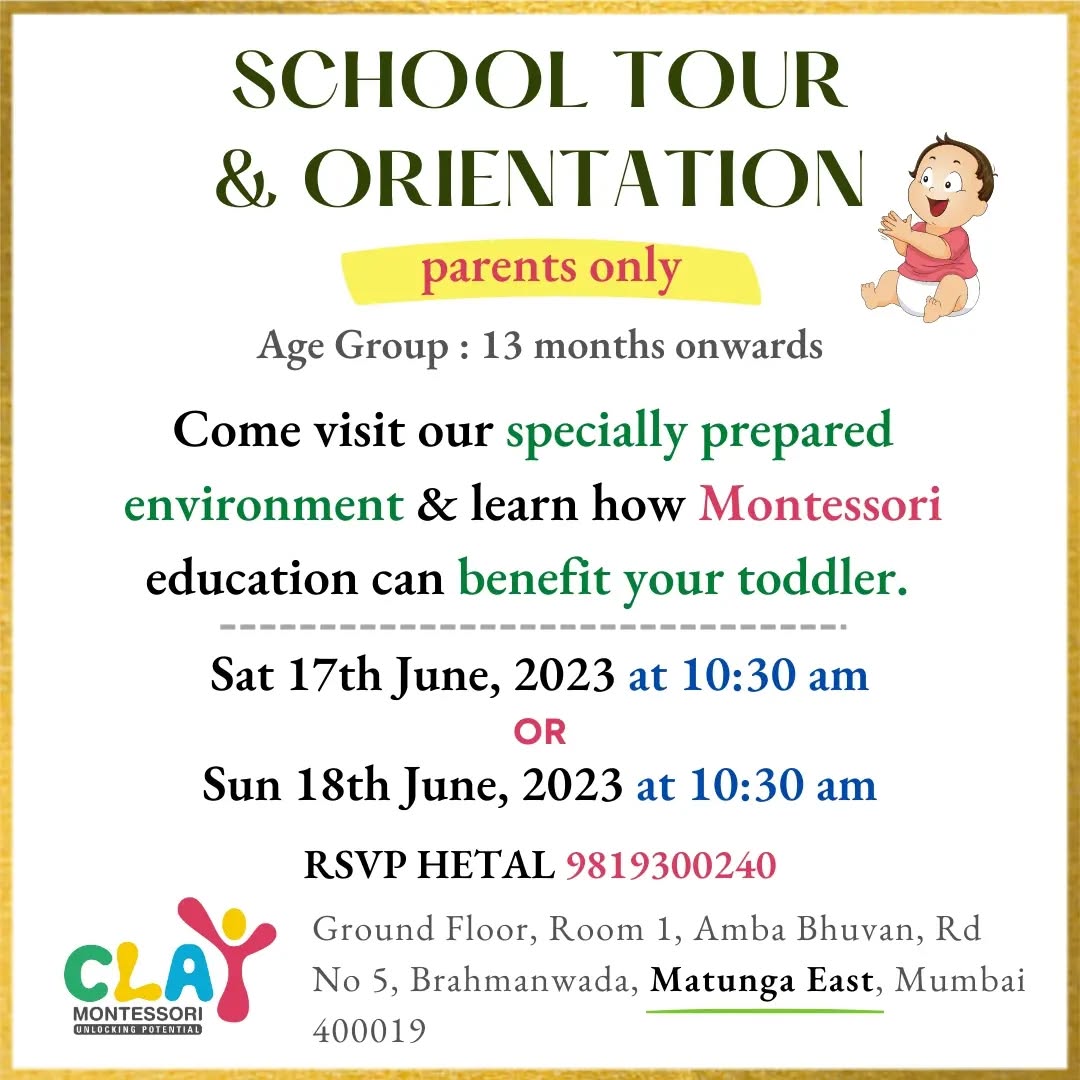 Come join us on Saturday 17th June 2023 OR Sunday 18th June 2023 for a toddler orientation. 

Time: 10:30 am

Children from age around 𝟏𝟑 𝐦𝐨𝐧𝐭𝐡𝐬 and above

🎯 𝐖𝐡𝐚𝐭 𝐬𝐡𝐨𝐮𝐥𝐝 𝐩𝐚𝐫𝐞𝐧𝐭𝐬 𝐞𝐱𝐩𝐞𝐜𝐭 𝐟𝐫𝐨𝐦 𝐭𝐡𝐢𝐬 𝐨𝐫𝐢𝐞𝐧𝐭𝐚𝐭𝐢𝐨𝐧?

✅ A brief introduction to Montessori
✅ How Montessori toddlers program works
✅ Benefits of this approach
✅ Answers to your doubts & questions

𝐑𝐨𝐮𝐭𝐢𝐧𝐞𝐬 𝐨𝐟 𝐞𝐯𝐞𝐫𝐲𝐝𝐚𝐲 𝐥𝐢𝐯𝐢𝐧𝐠 𝐚𝐫𝐞 𝐭𝐡𝐞 𝐟𝐨𝐮𝐧𝐝𝐚𝐭𝐢𝐨𝐧 𝐨𝐟 𝐭𝐡𝐞 𝐓𝐨𝐝𝐝𝐥𝐞𝐫 𝐩𝐫𝐨𝐠𝐫𝐚𝐦. Based on daily observations, teachers introduce new materials and activities that pique curiosity and stimulate learning

These learning activities include:

🎯 𝐒𝐞𝐥𝐟-𝐜𝐚𝐫𝐞: washing, dressing, toileting, and eating, according to each child’s individual capacity

🎯 𝐂𝐚𝐫𝐞 𝐨𝐟 𝐭𝐡𝐞 𝐞𝐧𝐯𝐢𝐫𝐨𝐧𝐦𝐞𝐧𝐭: cleaning, food preparation and food service; plant care and more

🎯 𝐋𝐚𝐫𝐠𝐞-𝐦𝐨𝐭𝐨𝐫 𝐚𝐜𝐭𝐢𝐯𝐢𝐭𝐢𝐞𝐬 (indoors and out): walking, climbing, running, jumping, balancing, climbing steps, and more

🎯 𝐅𝐢𝐧𝐞-𝐦𝐨𝐭𝐨𝐫 𝐬𝐤𝐢𝐥𝐥𝐬: reaching, grasping, picking up objects, transferring objects, using tools and utensils, doing art work and more

🎯 𝐋𝐚𝐧𝐠𝐮𝐚𝐠𝐞: naming objects, describing actions and intentions, discussing pictures, conversation, reading books, music, and singing

🎯 𝐒𝐨𝐜𝐢𝐚𝐥 𝐬𝐤𝐢𝐥𝐥𝐬: developing manners through interactions with peers, teachers, and adult-led small group games

🙋 RSVP Hetal @ 𝟗𝟖𝟏𝟗𝟑𝟎𝟎𝟐𝟒𝟎

#montessori #KidsLearning #LearningMadeFun #Preschools #mominfluencer #toddlers #parenting #admissionopen #mumbai #Matunga #Wadala #Sion #Parel #Dadar #playgroup #nursery #kidsofmumbai #learningthroughplay #mumbaimoms #supermom #homeschool #kingscircle #juniorkg #seniorkg #indianmombloggers #mombloggersindia #baby