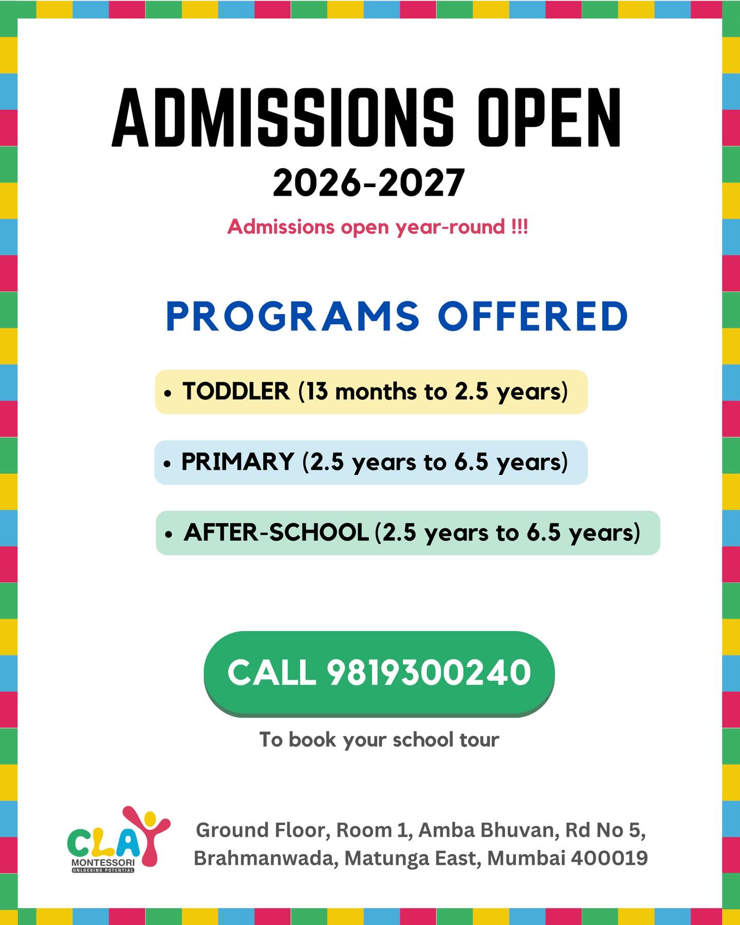 Admissions are now open for the Academic Year 2026–27 🌱
At Clay Montessori we nurture curiosity, independence, and a lifelong love for learning.
Register today for a free school tour and orientation and experience our thoughtfully prepared Montessori environment.
✨ Because the right beginning makes all the difference. #claymontessori #admissionsopen2026 #matunga [Montessori preschool, preschool admissions 2026-27, admissions open, school admissions Mumbai, Montessori school Mumbai, preschool near me, toddler program, primary program, early childhood education, Montessori learning, playgroup admission, nursery admission, best preschool Mumbai, holistic child development, experiential learning, hands on learning, child centric education, preschool orientation, school tour, parent education, dadar, wadala, Sion, Parel, sewri]