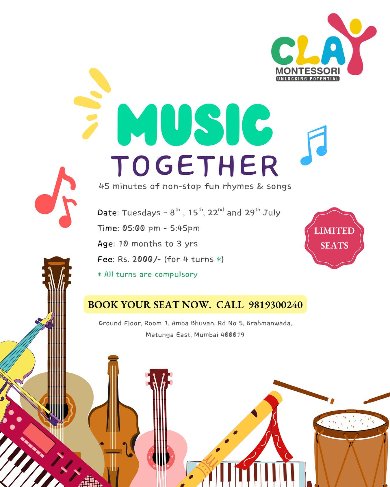 🎶 Experience 45 minutes of joyful music-making with your little one! Designed for children aged 10 months to 3 years, this engaging session brings parents and toddlers together through song and rhythm.

✨ A professional musician will lead the session, making it an unforgettable musical adventure! 🎻🎤

📅 Dates: July 8th, 15th, 22nd and 29th (Tuesdays)
⏰ Time: 5:00 PM

Limited spots available—reserve yours now! 🎵👶💫

#MusicTogether #ToddlerTunes #FamilyFun #EarlyChildhoodMusic #claymontessori #musicfortoddlers #musicalbondingwithtoddlers #music #rhymes #nurseryrhymes #musicfortoddlers #mothertoddler #parenttoddler [mother toddler, musical bonding, music together, parent toddler, parent bonding]