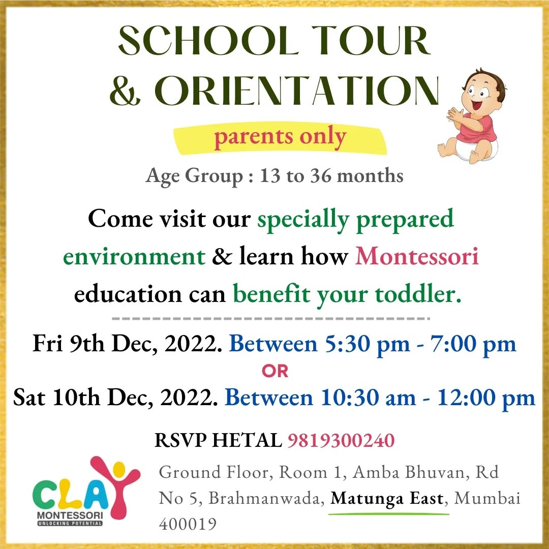 Come join us for a toddler orientation and school tour in Dec, 2022. It's free

Fri 9th Dec, 2022. Between 5:30 pm to 7:00 pm
OR
Sat 10th Dec, 2022. Between 10:30 am to 12:00 pm

Children from age around 𝟏𝟑 𝐦𝐨𝐧𝐭𝐡𝐬 𝐭𝐨 𝟑𝟔 𝐦𝐨𝐧𝐭𝐡𝐬 𝐚𝐫𝐞 𝐞𝐥𝐢𝐠𝐢𝐛𝐥𝐞

🎯 𝐖𝐡𝐚𝐭 𝐬𝐡𝐨𝐮𝐥𝐝 𝐩𝐚𝐫𝐞𝐧𝐭𝐬 𝐞𝐱𝐩𝐞𝐜𝐭 𝐟𝐫𝐨𝐦 𝐭𝐡𝐢𝐬 𝐨𝐫𝐢𝐞𝐧𝐭𝐚𝐭𝐢𝐨𝐧?

✅ A brief introduction to Montessori
✅ How Montessori toddlers program works
✅ Benefits of this approach
✅ Answers to your doubts & questions

𝐑𝐨𝐮𝐭𝐢𝐧𝐞𝐬 𝐨𝐟 𝐞𝐯𝐞𝐫𝐲𝐝𝐚𝐲 𝐥𝐢𝐯𝐢𝐧𝐠 𝐚𝐫𝐞 𝐭𝐡𝐞 𝐟𝐨𝐮𝐧𝐝𝐚𝐭𝐢𝐨𝐧 𝐨𝐟 𝐭𝐡𝐞 𝐓𝐨𝐝𝐝𝐥𝐞𝐫 𝐩𝐫𝐨𝐠𝐫𝐚𝐦. Based on daily observations, teachers introduce new materials and activities that pique curiosity and stimulate learning

These learning activities include:

🎯 𝐒𝐞𝐥𝐟-𝐜𝐚𝐫𝐞: washing, dressing, toileting, and eating, according to each child’s individual capacity

🎯 𝐂𝐚𝐫𝐞 𝐨𝐟 𝐭𝐡𝐞 𝐞𝐧𝐯𝐢𝐫𝐨𝐧𝐦𝐞𝐧𝐭: cleaning, food preparation and food service; plant care and more

🎯 𝐋𝐚𝐫𝐠𝐞-𝐦𝐨𝐭𝐨𝐫 𝐚𝐜𝐭𝐢𝐯𝐢𝐭𝐢𝐞𝐬 (indoors and out): walking, climbing, running, jumping, balancing, climbing steps, and more

🎯 𝐅𝐢𝐧𝐞-𝐦𝐨𝐭𝐨𝐫 𝐬𝐤𝐢𝐥𝐥𝐬: reaching, grasping, picking up objects, transferring objects, using tools and utensils, doing art work and more

🎯 𝐋𝐚𝐧𝐠𝐮𝐚𝐠𝐞: naming objects, describing actions and intentions, discussing pictures, conversation, reading books, music, and singing

🎯 𝐒𝐨𝐜𝐢𝐚𝐥 𝐬𝐤𝐢𝐥𝐥𝐬: developing manners through interactions with peers, teachers, and adult-led small group games

🙋 RSVP Hetal @ 𝟗𝟖𝟏𝟗𝟑𝟎𝟎𝟐𝟒𝟎

#montessori #KidsLearning #LearningMadeFun #Preschools #toddlers #IndependentKids #toddlersofinstagram #FunLearningForKids #mumbai #Matunga #Wadala #Sion #Parel #Dadar #playgroup #nursery #kidsofmumbai #learningthroughplay #mumbaimoms #supermom #homeschool #kingscircle #juniorkg #seniorkg #indianmombloggers #mombloggersindia#earlychildhoodeducation #momsofinstagram