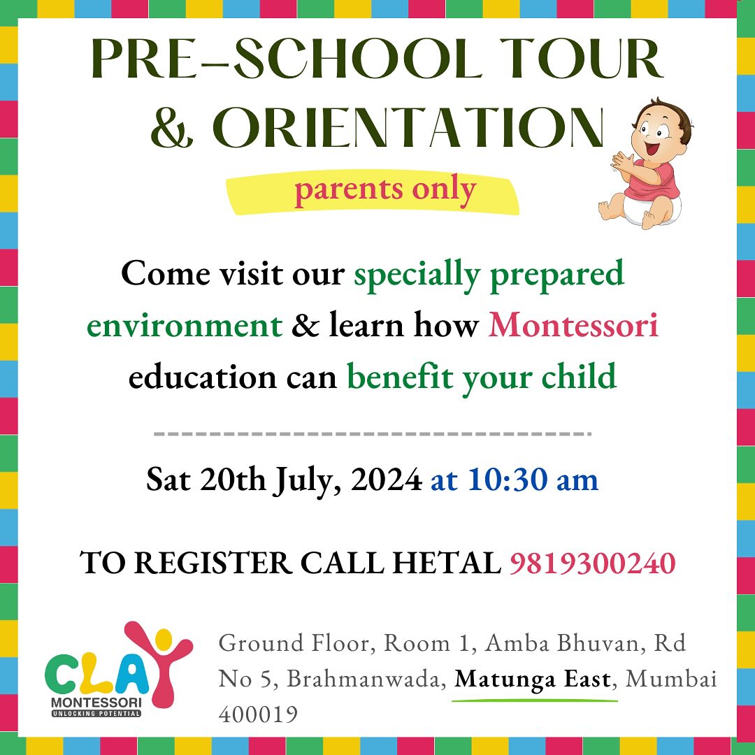 Come join us on Saturday, 20th July 2024 for a toddler orientation and school tour.

Time: 10:30am

🎯 𝐖𝐡𝐚𝐭 𝐬𝐡𝐨𝐮𝐥𝐝 𝐩𝐚𝐫𝐞𝐧𝐭𝐬 𝐞𝐱𝐩𝐞𝐜𝐭 𝐟𝐫𝐨𝐦 𝐭𝐡𝐢𝐬 𝐨𝐫𝐢𝐞𝐧𝐭𝐚𝐭𝐢𝐨𝐧?

✅ A brief introduction to Montessori
✅ How Montessori toddlers program works
✅ Benefits of this approach
✅ Answers to your doubts & questions

𝐑𝐨𝐮𝐭𝐢𝐧𝐞𝐬 𝐨𝐟 𝐞𝐯𝐞𝐫𝐲𝐝𝐚𝐲 𝐥𝐢𝐯𝐢𝐧𝐠 𝐚𝐫𝐞 𝐭𝐡𝐞 𝐟𝐨𝐮𝐧𝐝𝐚𝐭𝐢𝐨𝐧 𝐨𝐟 𝐭𝐡𝐞 𝐓𝐨𝐝𝐝𝐥𝐞𝐫 𝐩𝐫𝐨𝐠𝐫𝐚𝐦. Based on daily observations, teachers introduce new materials and activities that pique curiosity and stimulate learning

These learning activities include:

🎯 𝐒𝐞𝐥𝐟-𝐜𝐚𝐫𝐞: washing, dressing, toileting, and eating, according to each child’s individual capacity

🎯 𝐂𝐚𝐫𝐞 𝐨𝐟 𝐭𝐡𝐞 𝐞𝐧𝐯𝐢𝐫𝐨𝐧𝐦𝐞𝐧𝐭: cleaning, food preparation and food service; plant care and more

🎯 𝐋𝐚𝐫𝐠𝐞-𝐦𝐨𝐭𝐨𝐫 𝐚𝐜𝐭𝐢𝐯𝐢𝐭𝐢𝐞𝐬 (indoors and out): walking, climbing, running, jumping, balancing, climbing steps, and more

🎯 𝐅𝐢𝐧𝐞-𝐦𝐨𝐭𝐨𝐫 𝐬𝐤𝐢𝐥𝐥𝐬: reaching, grasping, picking up objects, transferring objects, using tools and utensils, doing art work and more

🎯 𝐋𝐚𝐧𝐠𝐮𝐚𝐠𝐞: naming objects, describing actions and intentions, discussing pictures, conversation, reading books, music, and singing

🎯 𝐒𝐨𝐜𝐢𝐚𝐥 𝐬𝐤𝐢𝐥𝐥𝐬: developing manners through interactions with peers, teachers, and adult-led small group games

🙋 RSVP Hetal @ 𝟗𝟖𝟏𝟗𝟑𝟎𝟎𝟐𝟒𝟎

#montessori #KidsLearning #LearningMadeFun #Preschools #SmartKids #IndependentKids #SmartSchool #FunLearningForKids #mumbai #Matunga #Wadala #Sion #Parel #Dadar #playgroup #nursery #kidsofmumbai #learningthroughplay #mumbaimoms #supermom #homeschool #kingscircle #juniorkg #seniorkg #indianmombloggers #mombloggersindia