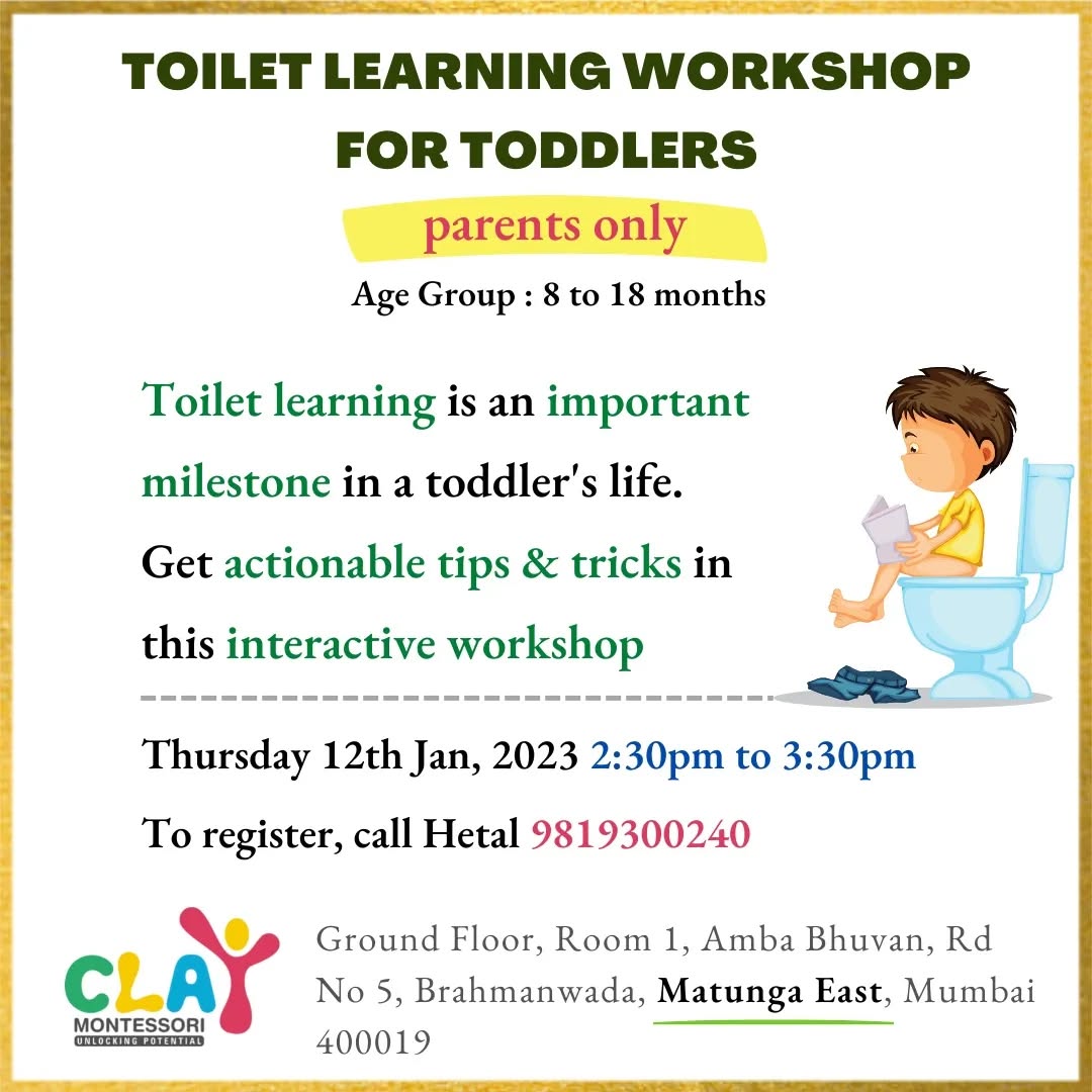 Toilet learning workshop @ Clay Montessori

Thursday 12th January, 2022. 2:30pm to 3:30pm

Ideal for parents with children between 8 to 18 months of age.

This workshop starts from the basics & provides implementation tips.

In this workshop, you'll learn:

✅ The philosophy behind toilet learning
✅ Know when your child is ready to learn
✅ How to prepare yourself, your child and the environment
✅ Choosing the right clothes
✅ Role of the adult
✅ How to adjust the daily routine
✅ Ways to make your child aware of their body & hygiene
✅ Respectful & effective communication around toileting
✅ Ways to deal with accidents & regression
✅ How to approach sleep & naps while toilet learning
✅ Know when your child has learnt the skill

For payment details & RSVP, call Hetal @ 𝟗𝟖𝟏𝟗𝟑𝟎𝟎𝟐𝟒𝟎 🙋

#montessori #toddlers #LearningMadeFun #Preschools #toiletlearning #IndependentKids #SmartSchool #FunLearningForKids #mumbai #Matunga #Wadala #Sion #Parel #Dadar #playgroup #nursery #kidsofmumbai #learningthroughplay #mumbaimoms #supermom #homeschool #kingscircle #juniorkg #seniorkg #indianmombloggers #mombloggersindia#positiveparenting#earlychildhoodeducation