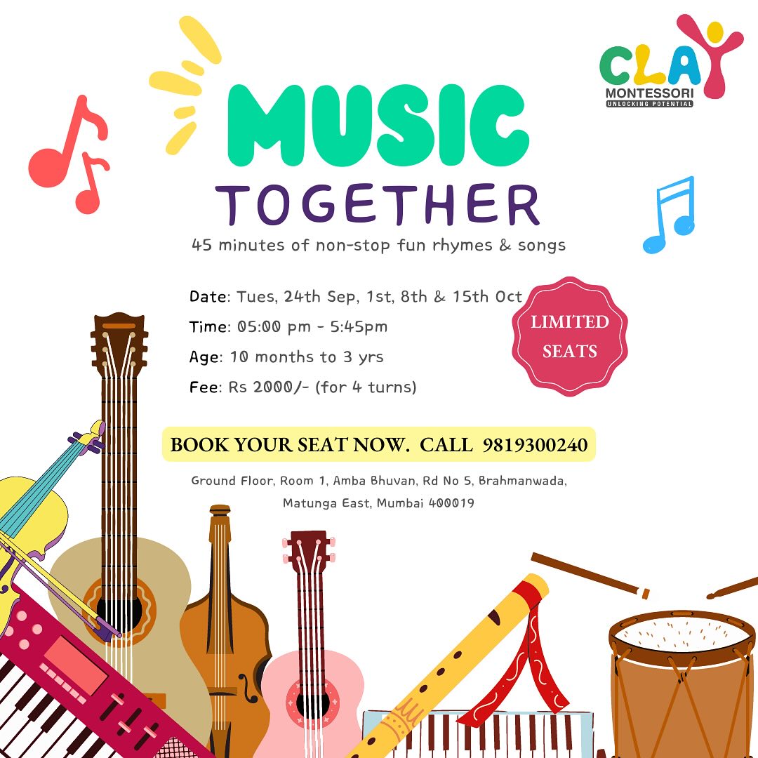 🎶 Join us for 45 minutes of non-stop fun with rhymes and songs for children aged 10 months to 3 years, along with their parents! 🎶

📅 Date: September 24th, 1st,8th & 15th October 
⏰ Time: 5:00 PM

Hurry, only a few seats left! Book now for a musical adventure! 🎵👶🎤

#MusicTogether #ToddlerTunes #FamilyFun #EarlyChildhoodMusic #claymontessori #musicfortoddlers #musicalbondingwithtoddlers #music #rhymes #nurseryrhymes #musicfortoddlers #claymontessori [musicfortoddlers, parent toddlers, mother toddler]
